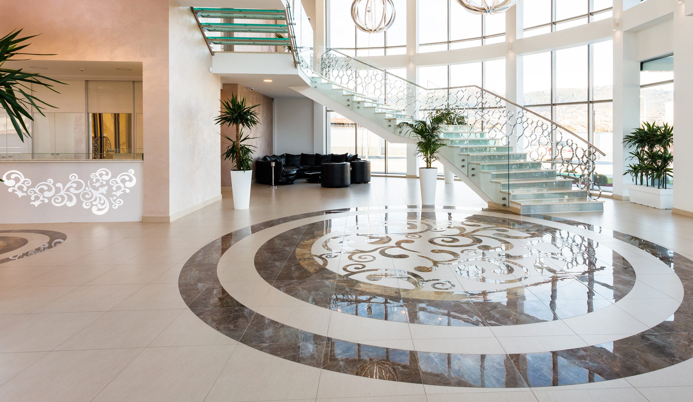 Polished lobby with elegant staircase